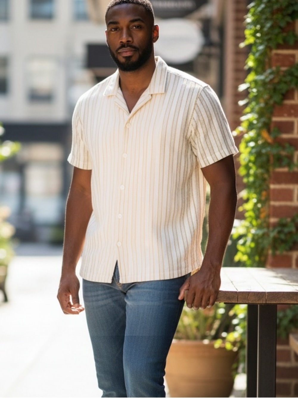 Denim & Flower Cream Button-Up Shirt with Tan Stripes